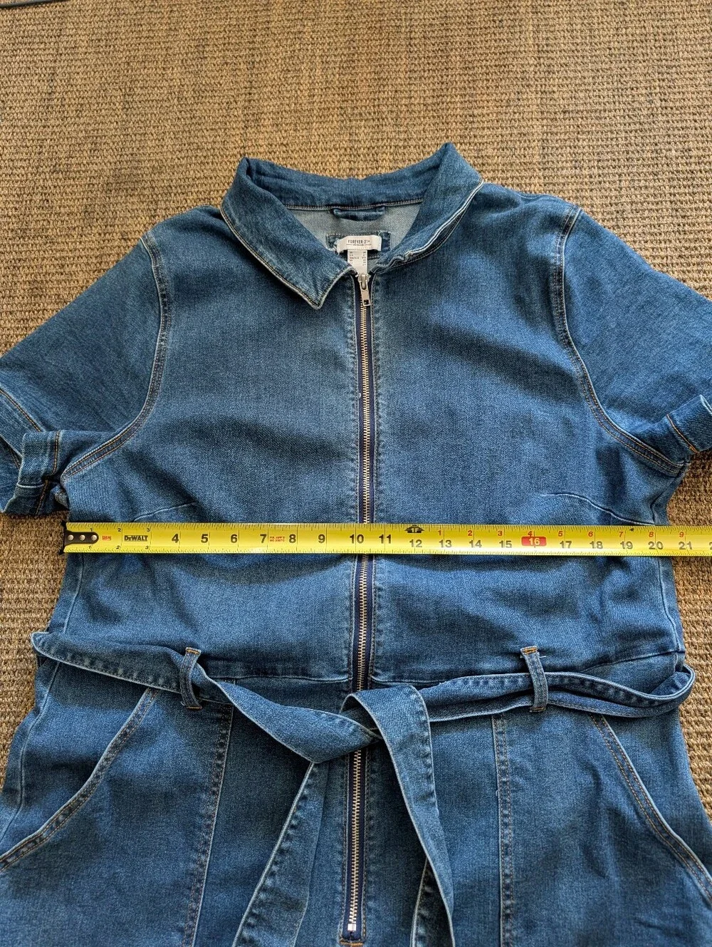 Forever 21 Blue Denim Short-Sleeve Zip Jumpsuit with Tie Belt Raw Hem